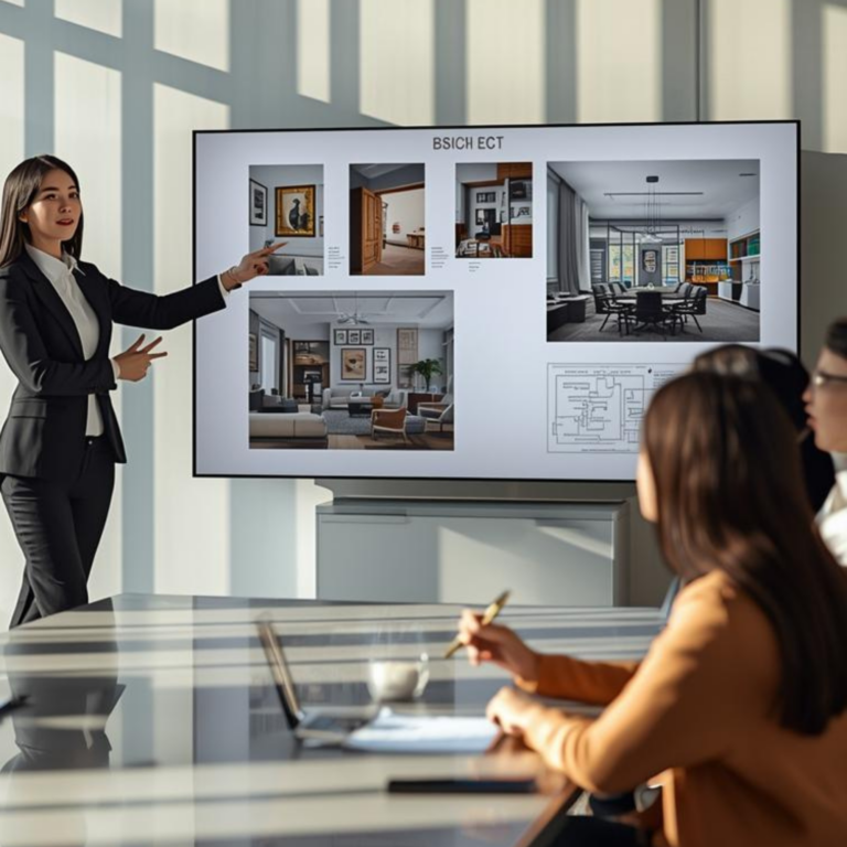 Interior designer presenting mood board to clients in modern meeting room, professional presentation, Asian designer, client engagement