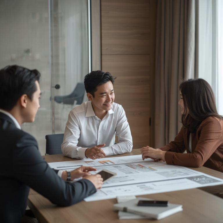 Asian interior designer discussing design plans with clients in a modern meeting room, creating a professional and friendly communication atmosphere